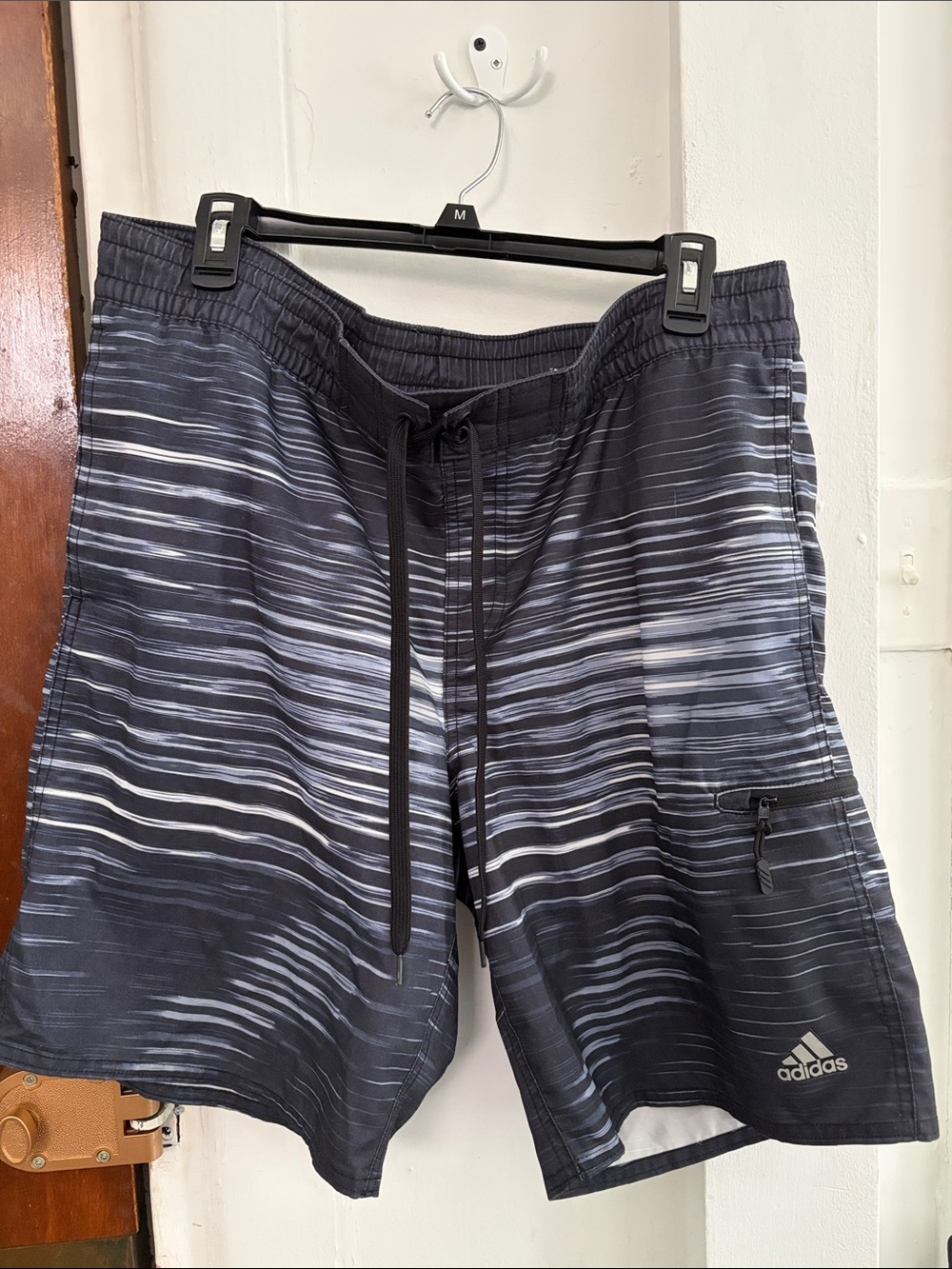 adidas Men’s Black & Gray Striped Swim Board Shorts